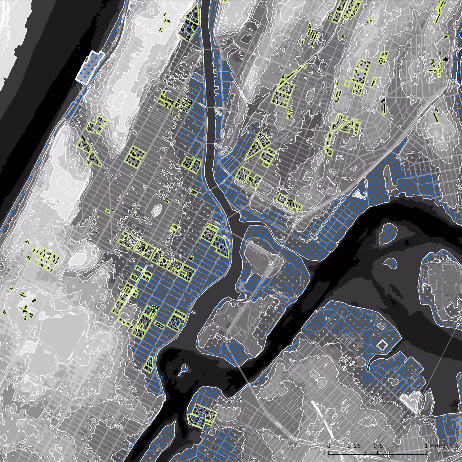 Flood risk, DEM, and NYCHA overlay